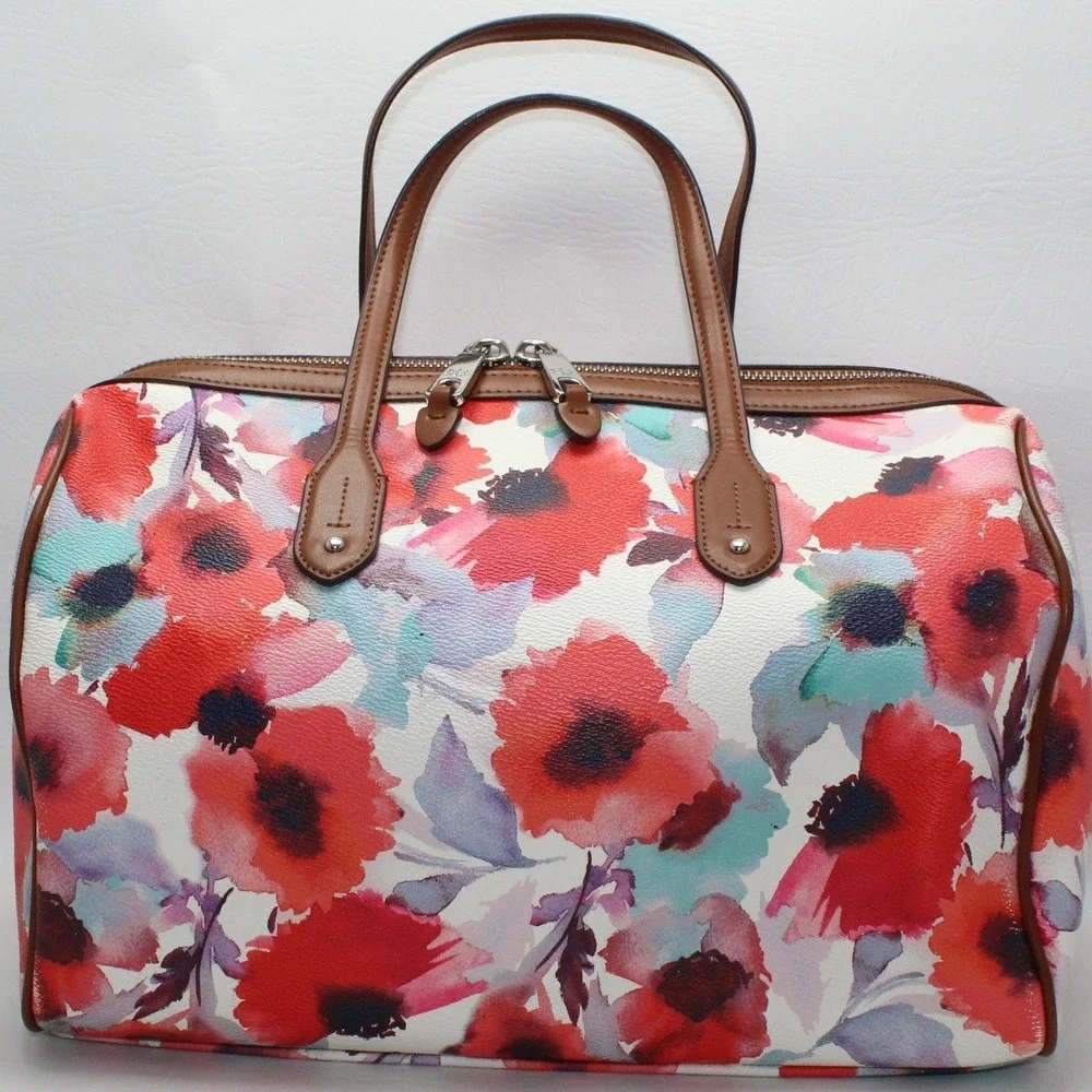 Lauren Ralph Lauren Floral Watercolor Satchel Bag‎ Brown Leather Trim Red Blue